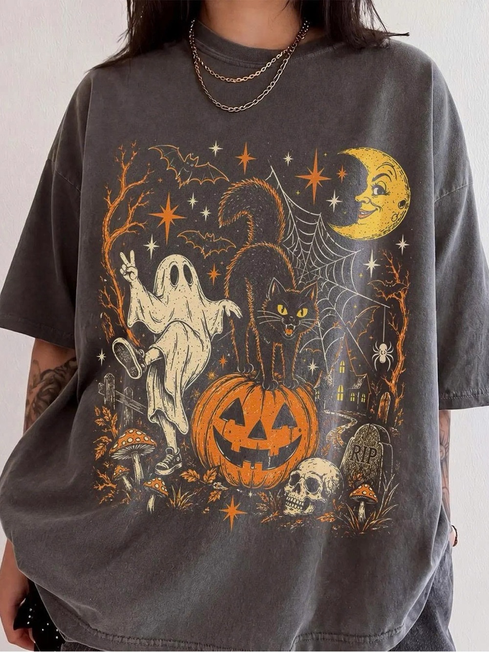 Halloween Graphic Tee - Dark Gray with Orange & Cream Print